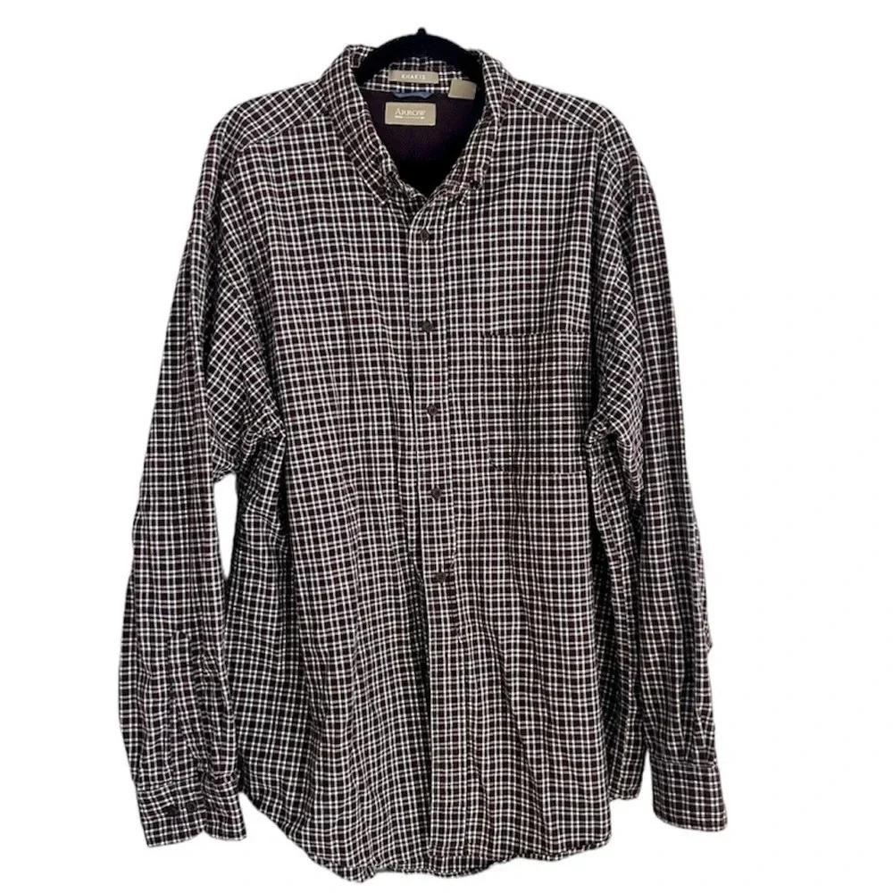 Arrow Khakis Men Button Down Long Sleeve Maroon & Navy Plaid Size XL GUC